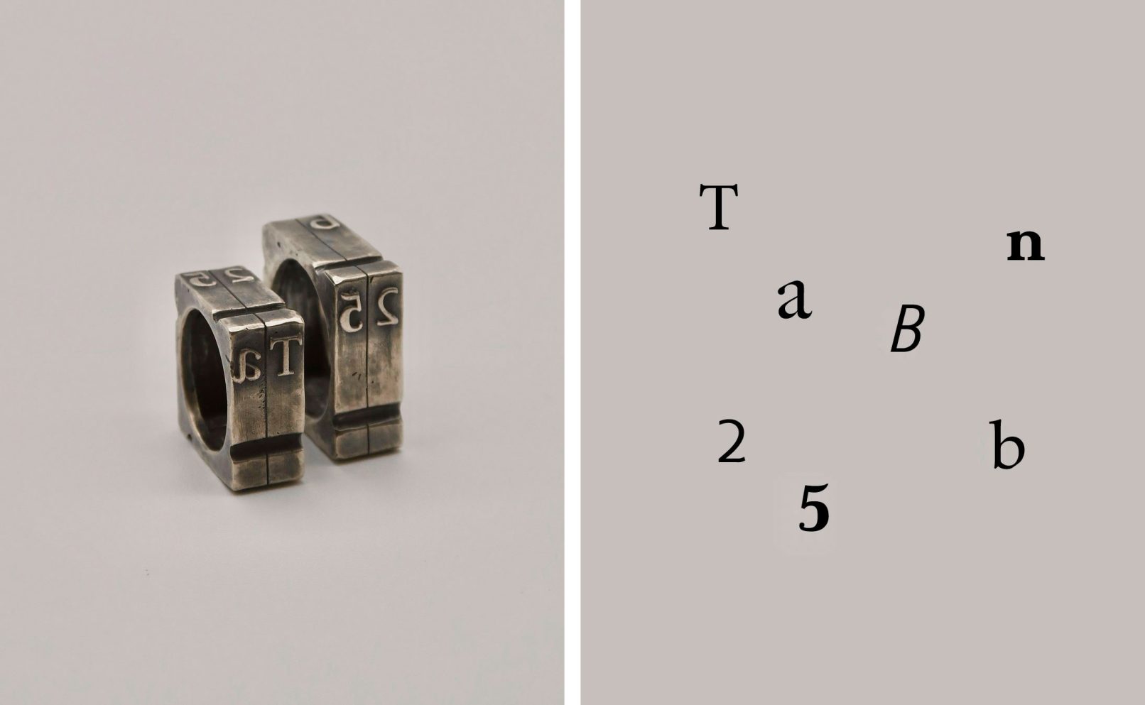 Joieria contemporània. Anells aliances de plata inspirades amb els tipus mòbils de l’antiga impremta. Dissenyat i creat per la joiera Marta Ortí. Terrassa, Barcelona.